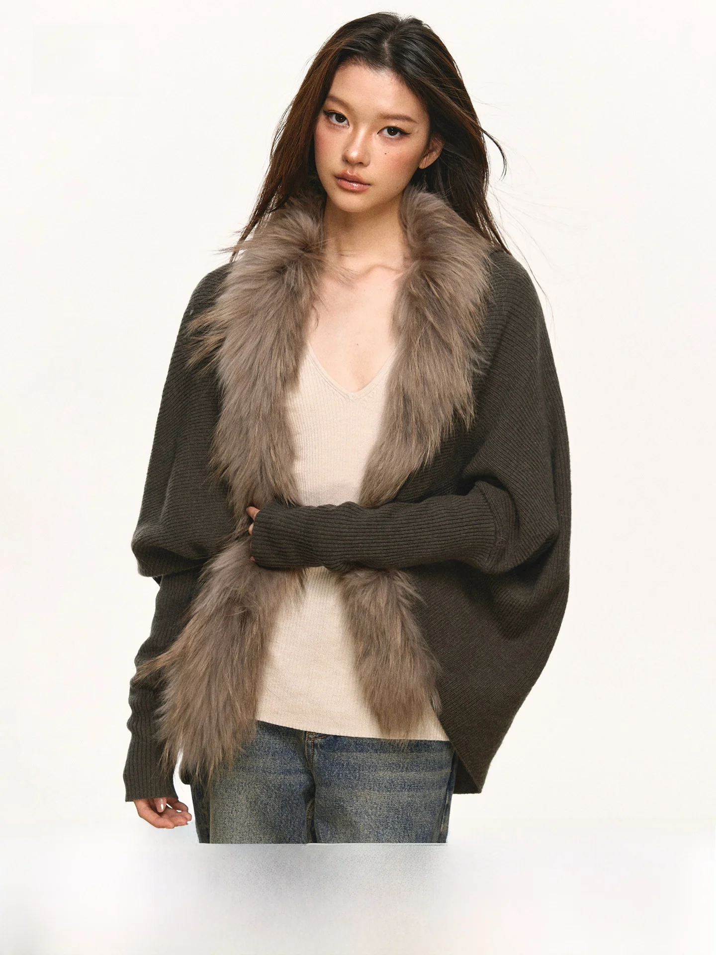 

Anna Aneae, вязаный свитер с воротником из натурального меха, кардиган, женский весенне-осенний трикотаж, пальто с открытым вырезом