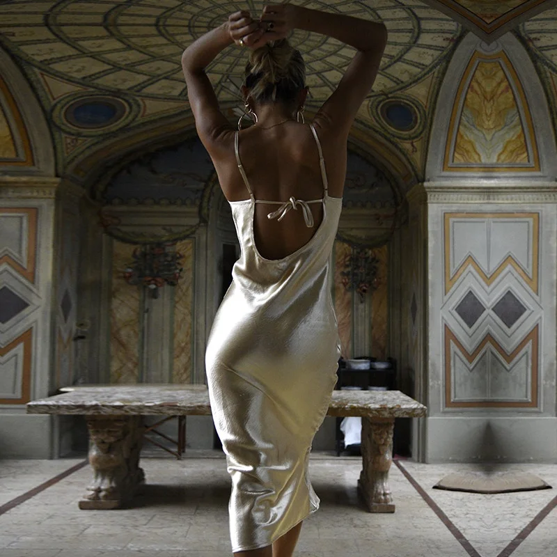 클래식 섹시 스파게티 스트랩 백리스 여름 드레스 여성 골드 새틴 레이스업 롱 드레스 우아한 바디콘 파티 클럽 드레스