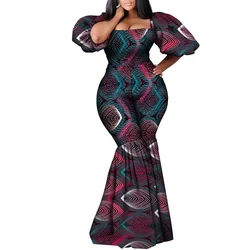 African Print Women Elasticity Jumpsuit Square Neck Puff Sleeve Sexy Romper Pants African Ladies Jumpsuits Rompers WY10761