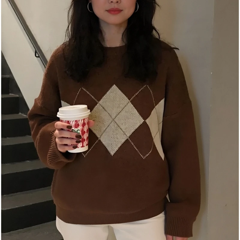 

Зимний свободный свитер, модный женский вязаный свитер большого размера, пуловеры, корейский клетчатый свитер в студенческом стиле, осенний трикотаж 16691