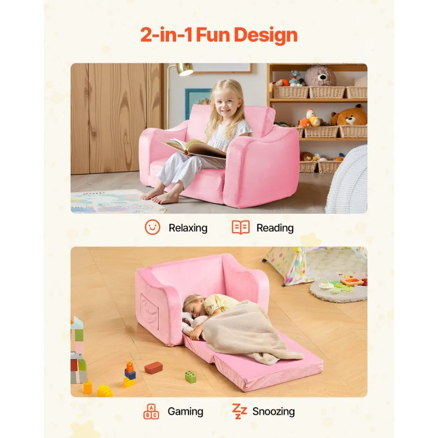 2-in-1 소파 접이식 유아용 소프트 카우치, 팔걸이 포함, 28D 스펀지 및 짧은 털로 제작, 유아용 의자에서 라운저로 변형 가능