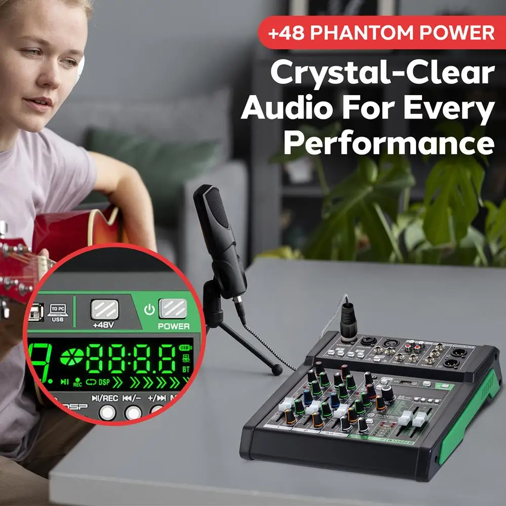 خلاط صوت ذو 6 قنوات، وحدة تحكم DJ ستوديو بلوتوث، تأثيرات رقمية، واجهة USB، متوافق مع MP3، مدخلات XLR