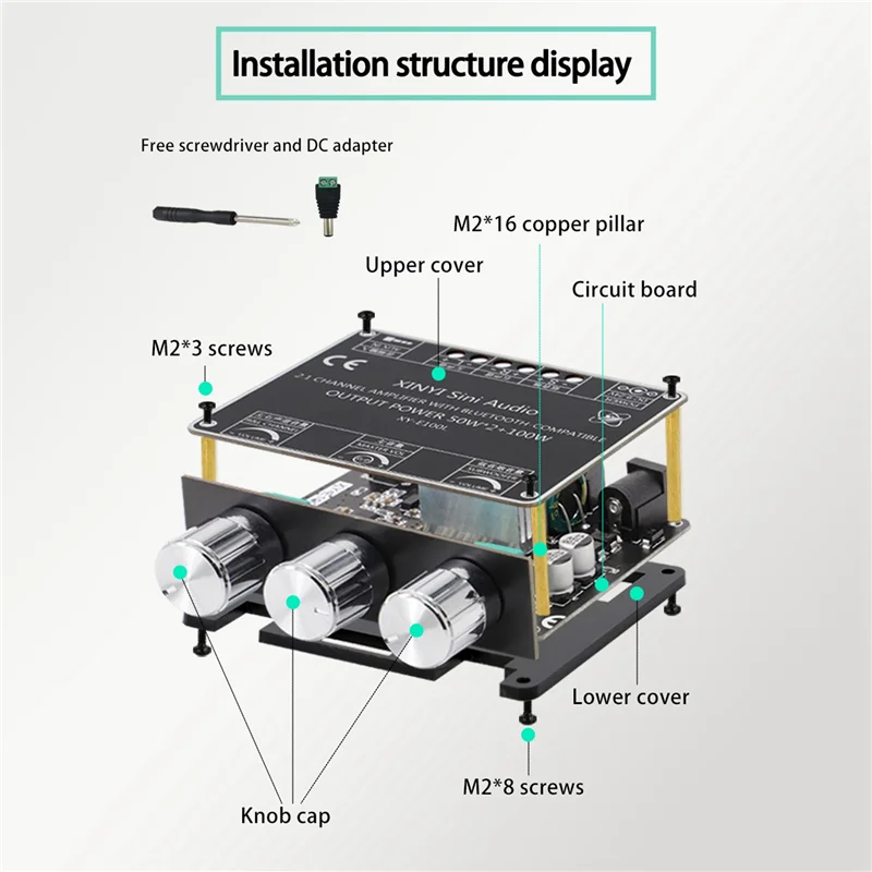 

B63B-2X XY-E100L 2,1-канальный для модуля аудиоусилителя Bluetooth 50 Втx2 + 100 Вт, высокий низкий тон, плата усилителя сабвуфера, динамик