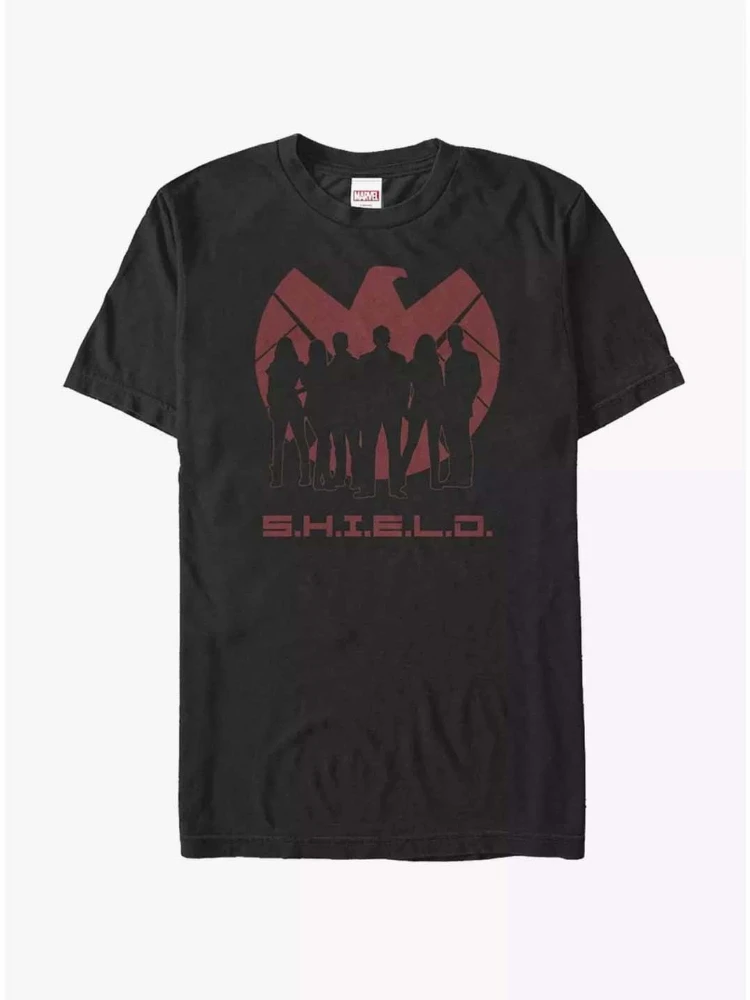 Marvel 2026 Nuevo "Marvel Agents of Shield" Logotipo de silueta Estampado cómico Alta calidad Unisex Manga corta Casual Camiseta de talla grande"