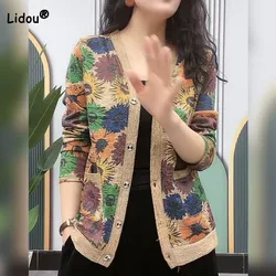 Women's Long Sleeve Vintage Printed Knitted Cardigan Spring Autumn Fashion Casual Single-breasted Thin Tops Female Clothing