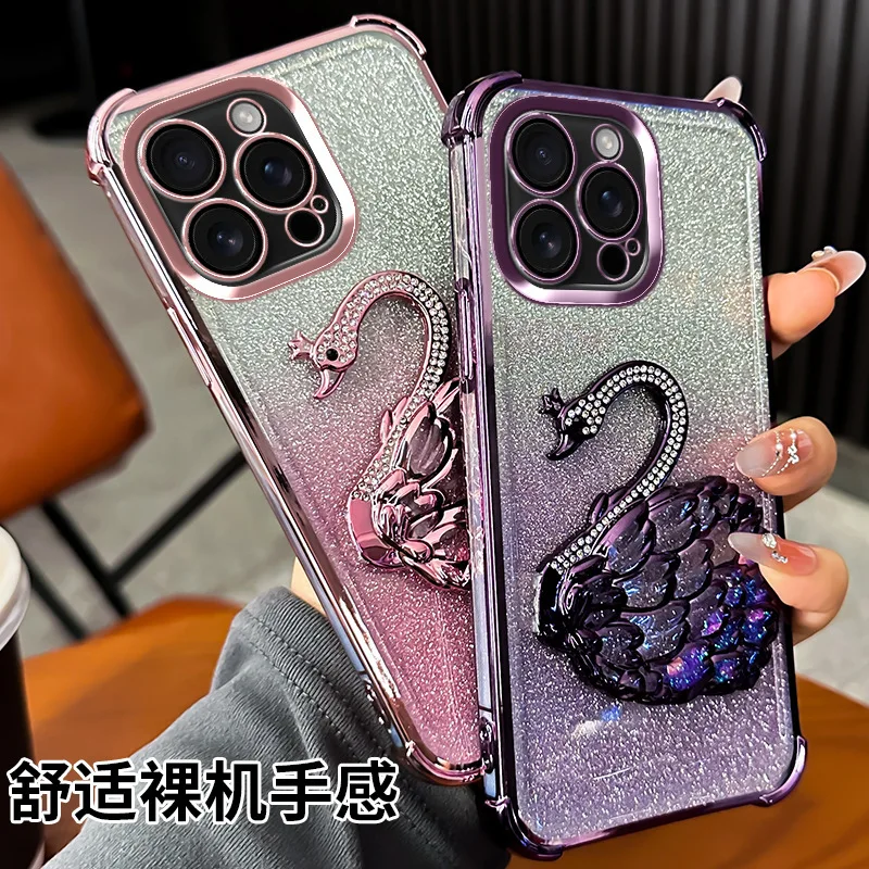 

Funda For Realme 15 Pro Case Swan Glitter Holder Plating Airbag Soft Silicone Camera Lens Protection Bumper Back Cover
