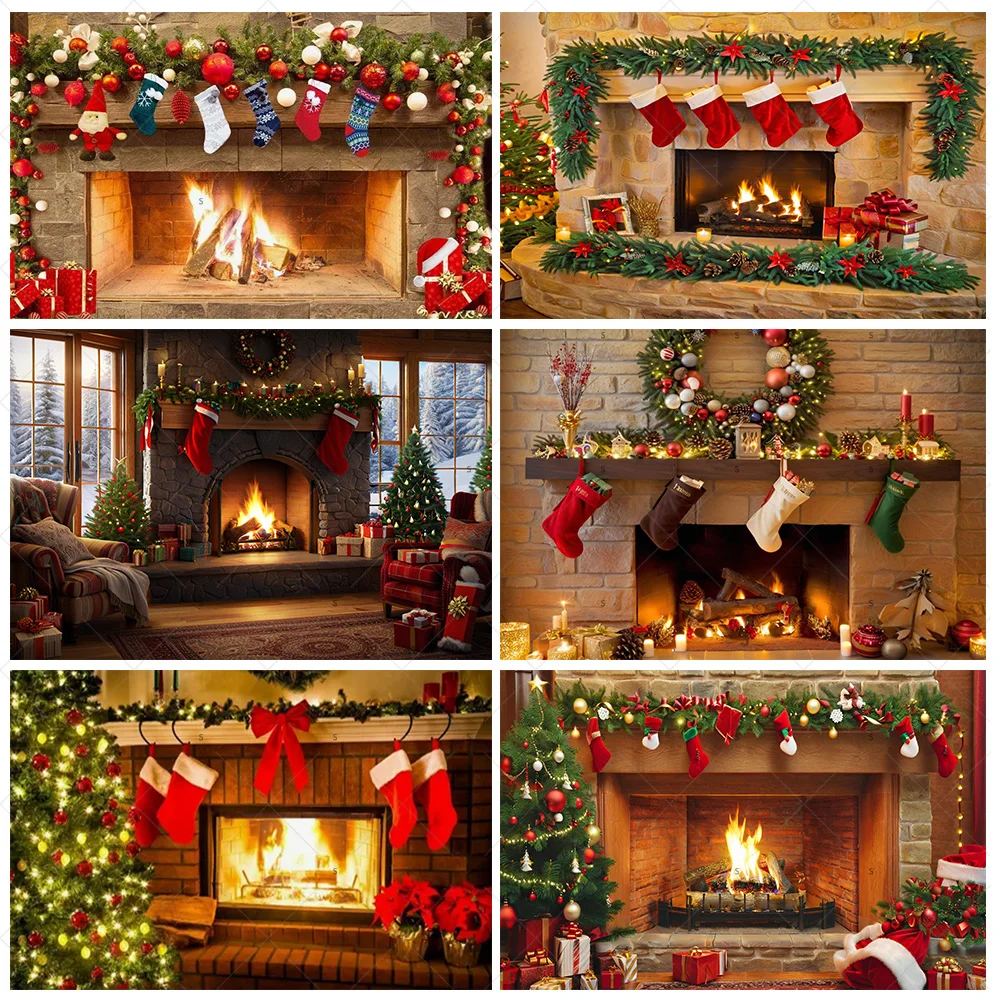 

Fireplace Burning Flame Photography Backdrop Supplies Christmas Tree Santa Gift Socking Background Party Decor Photo Shoot Props