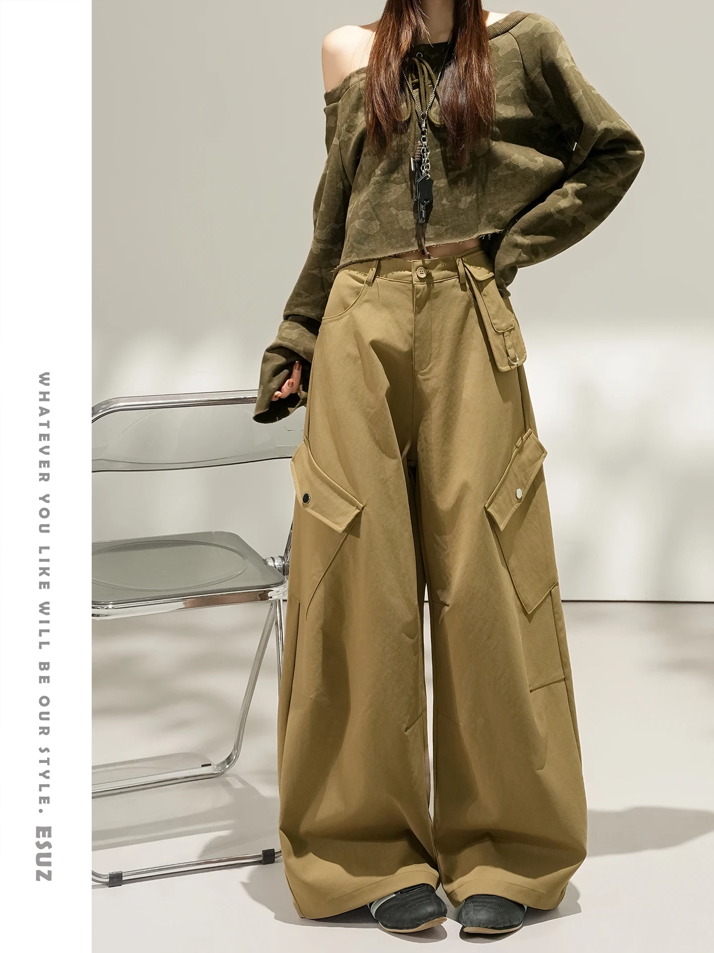 

Ретро-брюки в стиле High Street Workwear с широкими штанинами для женщин, новинка ранней весны, маленький размер, осень-зима, цвет хаки, повседневные брюки