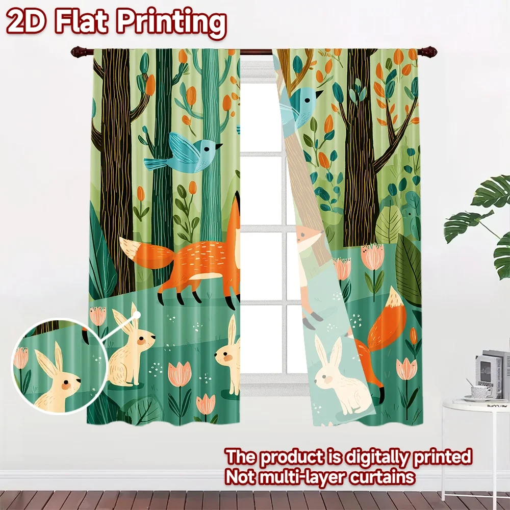 2D flat printing 2pcs Curtains Foxes and Bunnies in Forest Digital Printed Polyester Drapes Family Party Decoration for Photo