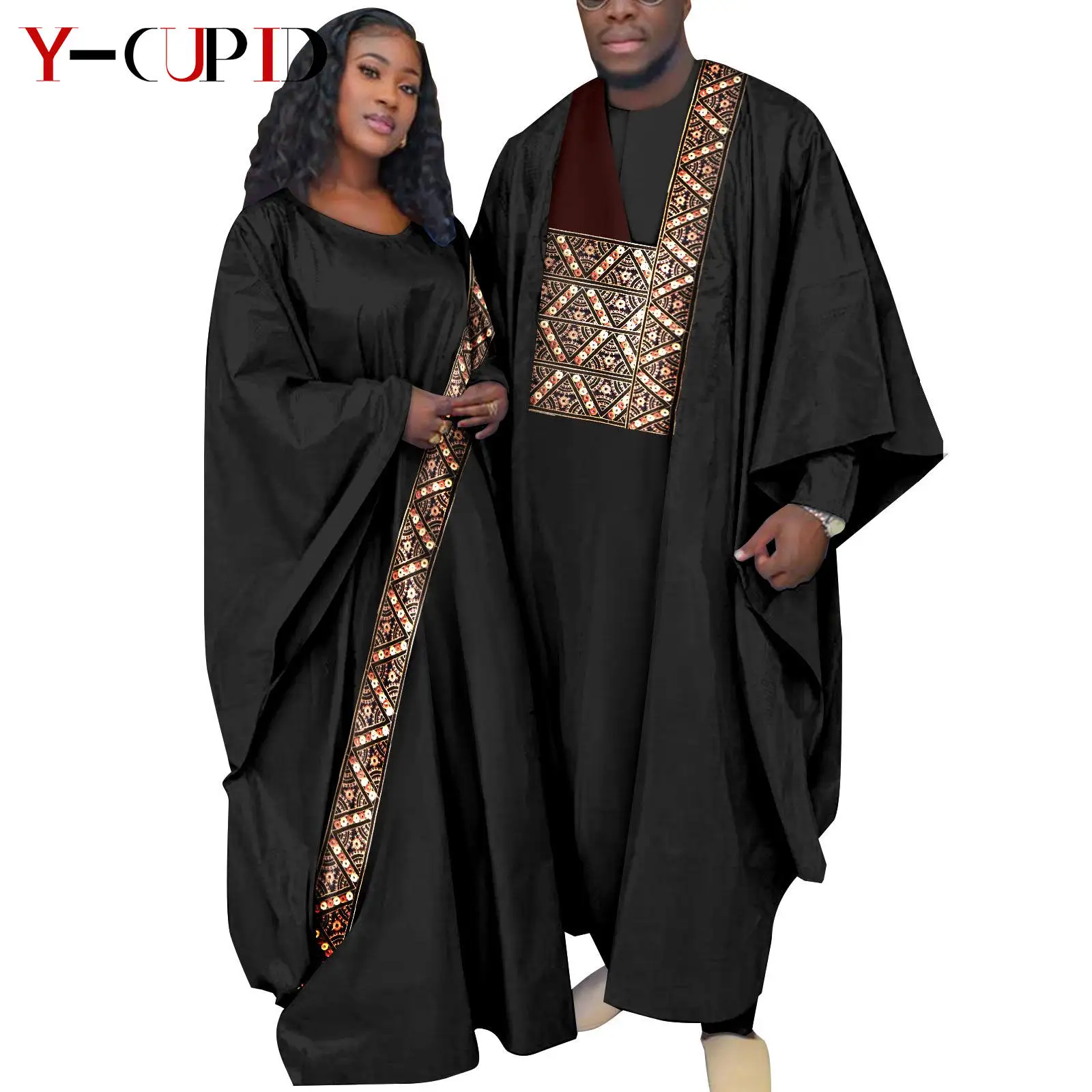 

African Clothes for Couples Agbada Dashiki Matching Men Outfits Bazin Riche Kaftan Asoebi Muslim Women Long Dresses Robe Y23C034