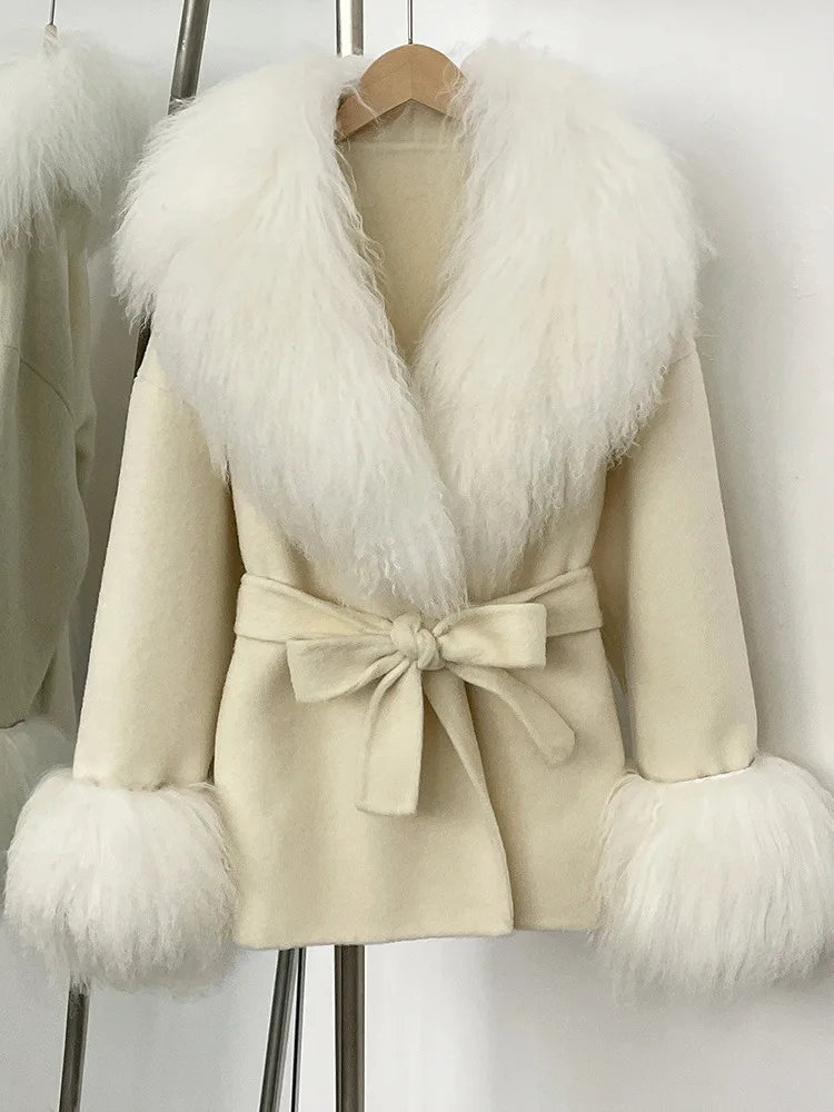 ZMEENNA Cappotto avvolgente in misto lana color crema elegante da donna con lussuoso collo e polsini in pelliccia sintetica bianca Chic caldo inverno ZM3407