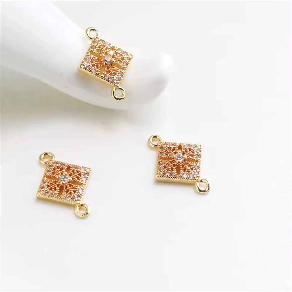 

14K Gold-wrapped Zircon Double Ring, Square Rhombus Hanging, DIY Jewelry Accessories, Earrings Link Material, 13mm