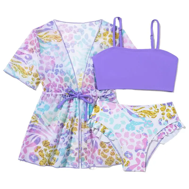 Комплект бикини с высокой талией и принтом сердца для девочек, комплект бикини с накидкой, детский купальник, детский купальный костюм, пляжная одежда