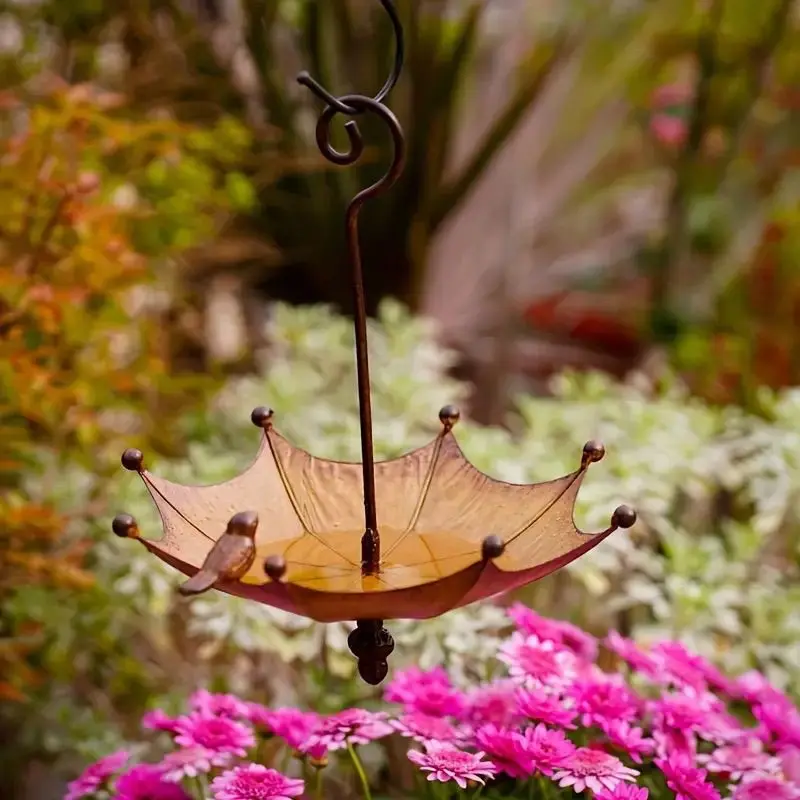 Hanging Retro Metal Umbrella Shaped Wind Chime Bird Feeder Bath Water Tray Outdoor Yard Garden Decor