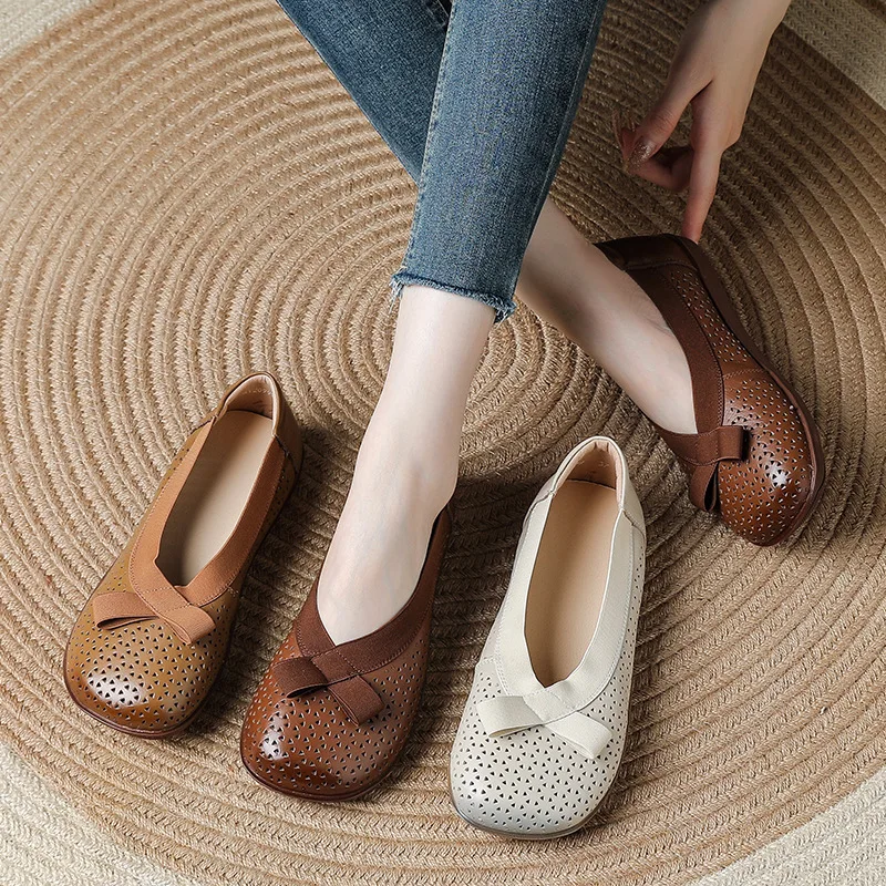 

New handmade cow leather shoes for women summer flat moccasins slip on bow ballet flats woman comfortable wide toe loafers lady