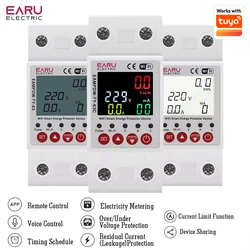 Tuya WiFi Smart 2P 63A 230V Energy Meter Power kWh Meter Earth Leakage Over Under Voltage Protector Relay Device Switch Breaker