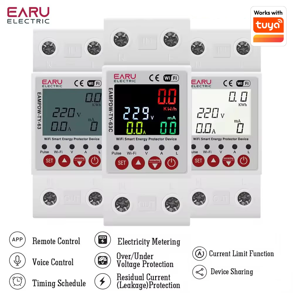Tuya WiFi Smart 2P 63A 230V Energy Meter Power kWh Meter Earth Leakage Over Under Voltage Protector Relay Device Switch Breaker