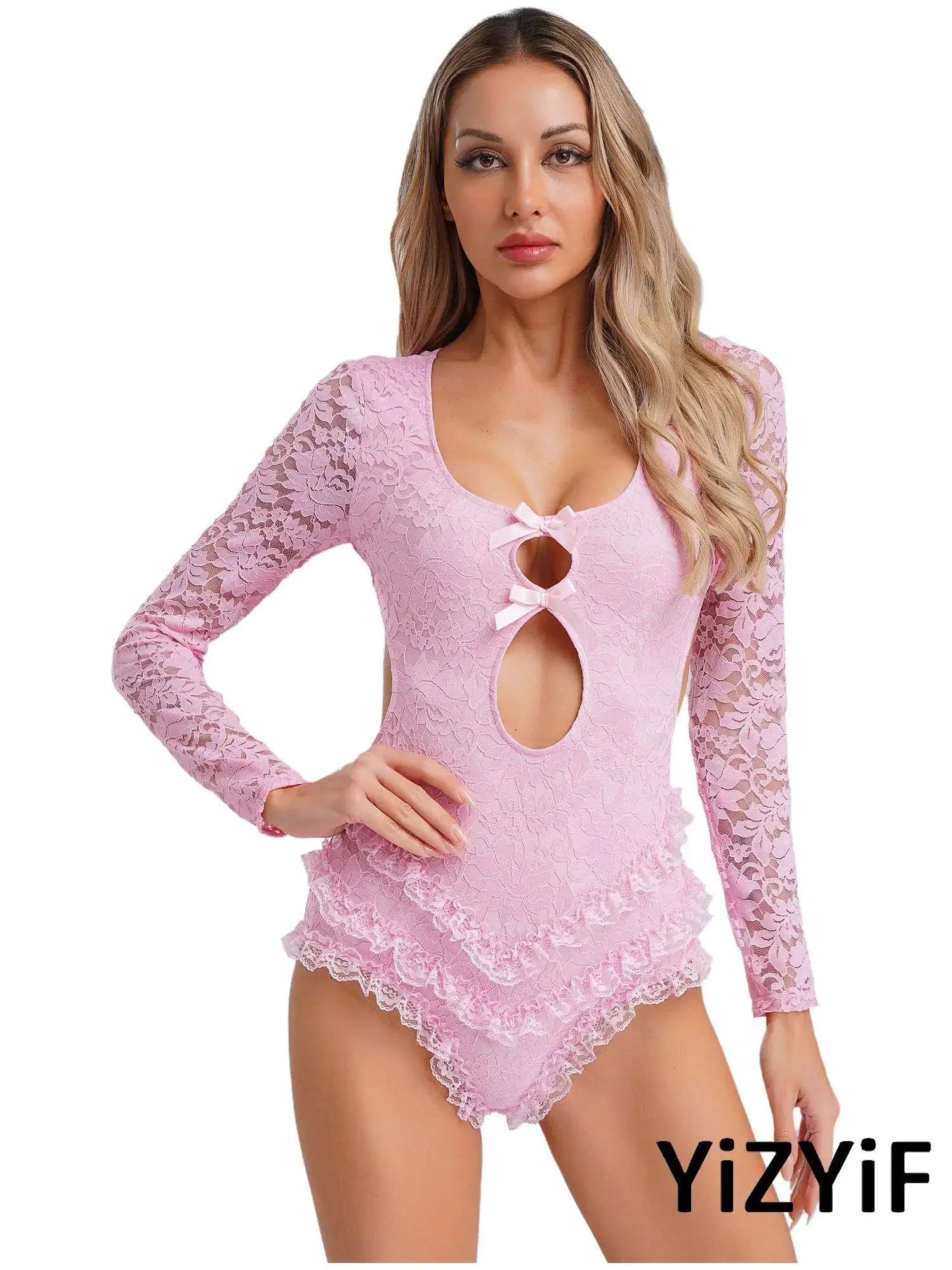 

Women Sexy Lace Backless Rompers Tiered Frilly Lingerie Hollow Out Long Sleeves Bodysuit for Nightclub Wear Role Play Costume