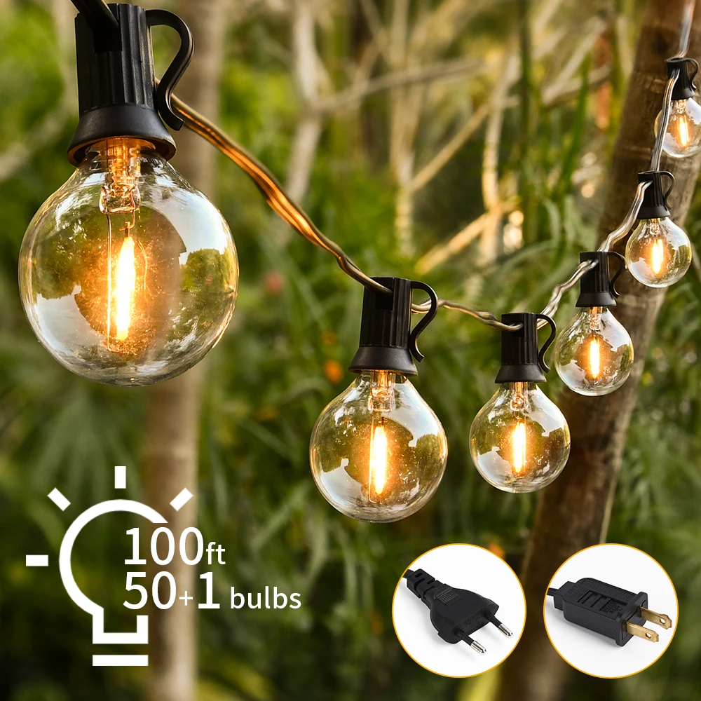 30M LED Fee String Licht Outdoor Geburtstag Party Lichterkette G40 Terrasse Garten Licht Klare Vintage Glühbirne Kette für Hochzeit Dekor