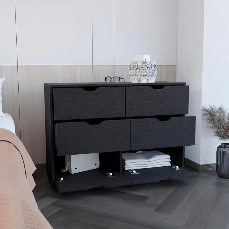30" Dresser with 2 Lower Cabinets and Drawer Chest, Black Finish, Storage Solution for Bedroom or Living Room