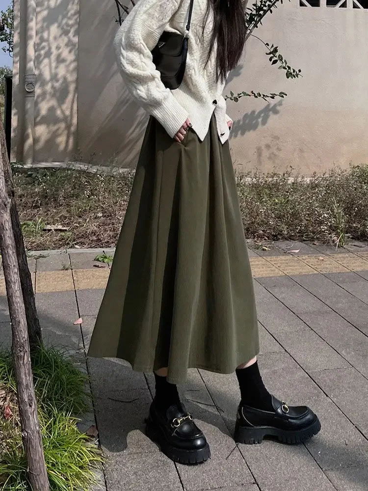 

Autumn Winter Vintage Green Long Skirts Women Harajuku Streetwear High Waist Midi Skirt Woman Korean Wild A-Line Skirts