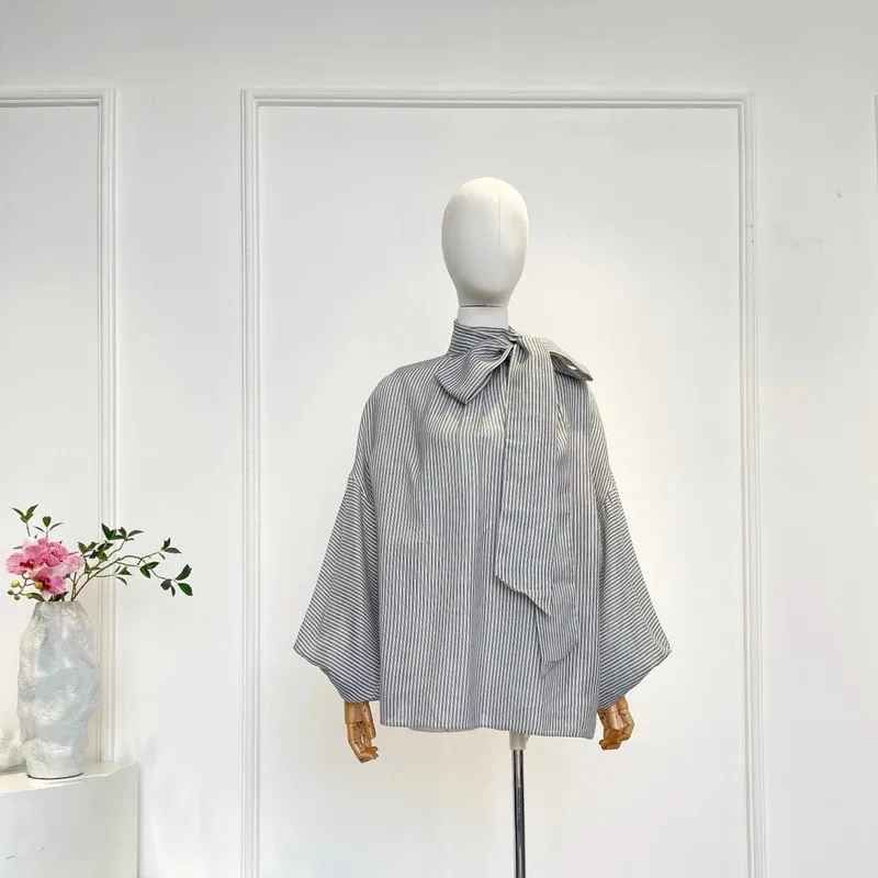 

Осенняя новая женская повседневная стильная женская рубашка 2025, новая шелковая хлопковая блузка в полоску с длинным рукавом и принтом для повседневной носки
