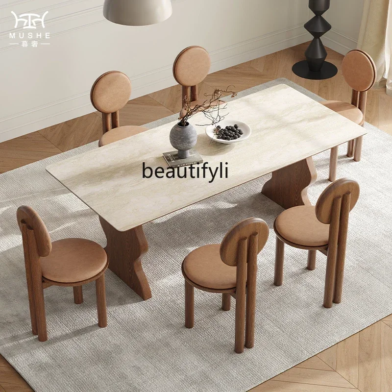 

French retro travertine rock slab rectangular dining table and chair combination simple household dining tableHY