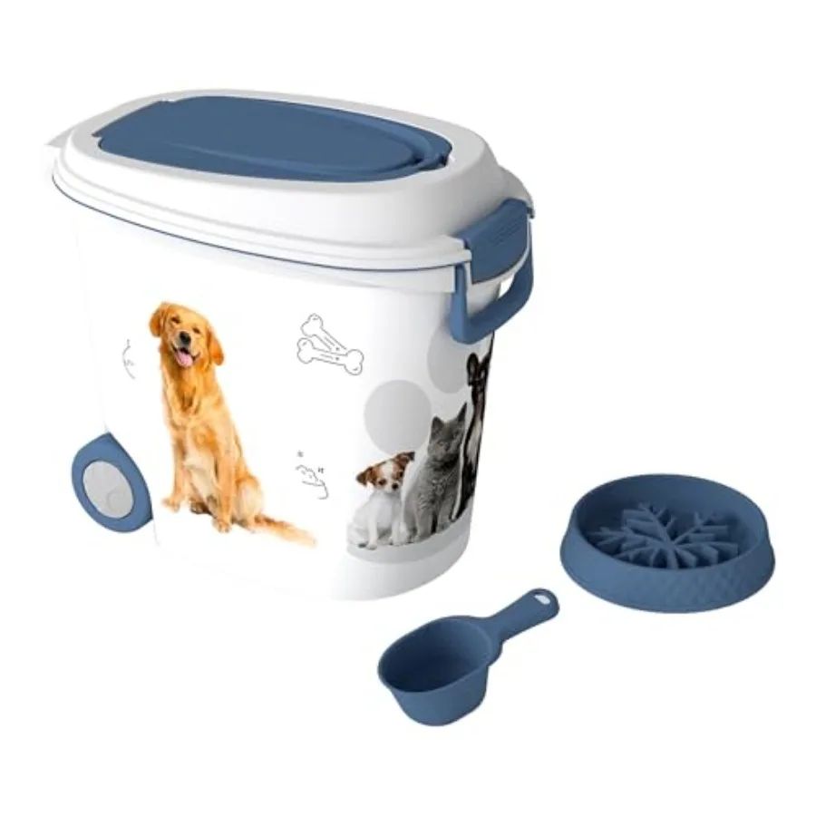 

Pet Food Storage Container with Wheels for Home Use, Resin Material, Blue White Color, Airtight Seal and Slow Feeder Bowl Inclu