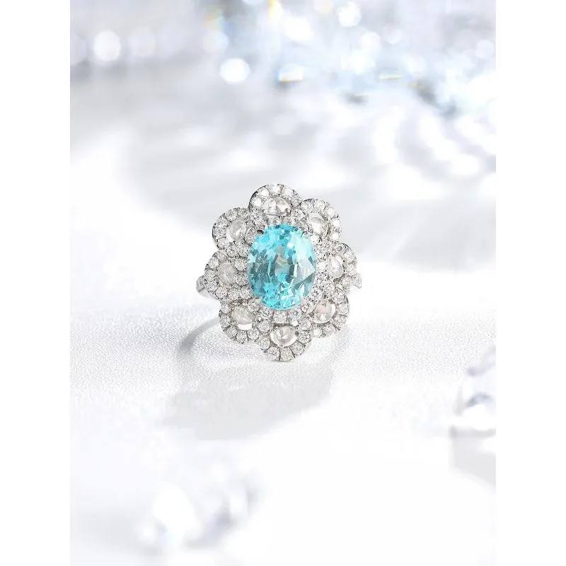 

Ruihe New Customized 100% 18K White Solid Gold Ring Setting 5.26ct Lab Grown Paraiba Sapphire Oval Gemstones Women Weddingrings