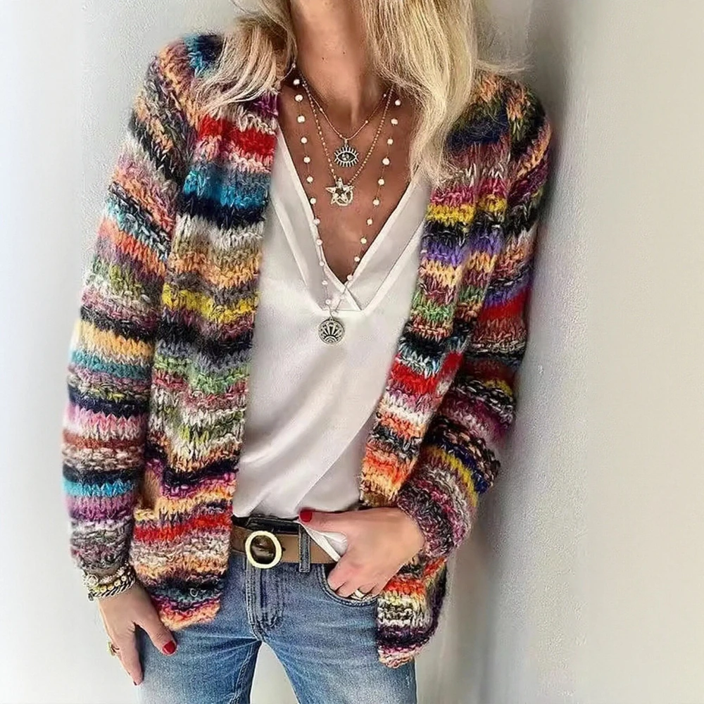 

Женский кардиган с длинными рукавами, повседневный дизайн в полоску на пуговицах спереди, осенне-зимний топ, модная верхняя одежда