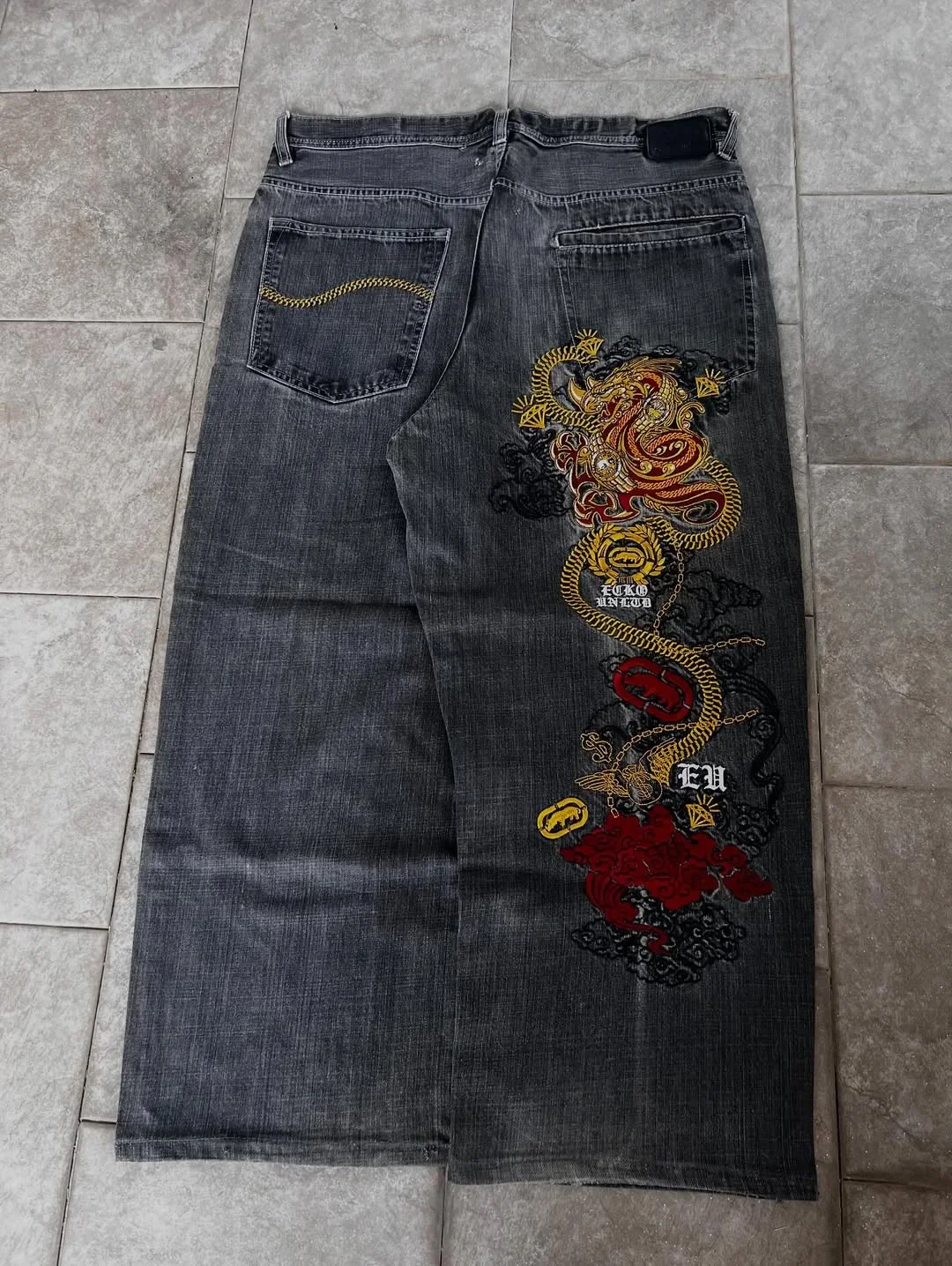 Y2K ECKO Explosions Jeans Mens American Vintage Hip-Hop Wide-Leg Pants Harajuku Hip-Hop Gothic Rock Couple Straight Pants