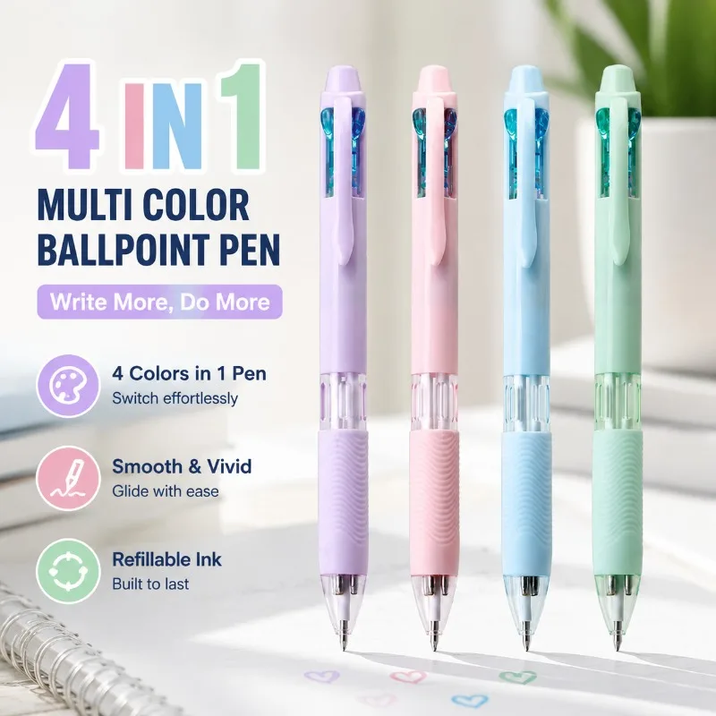 

4 in 1 Multi Color Ballpoint Pen, Assorted Pastel Retractable Pens with Refillable Ink, Smooth Writing Marking Pen Set