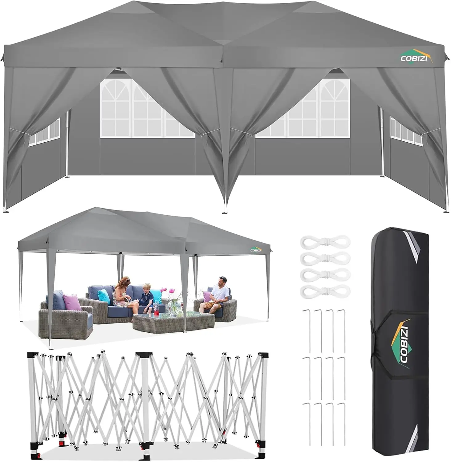 COBIZI Canopy 10x20 Pop Up Canopy Tent with 6 Sidewalls, Waterproof Outdoor Event Shelter Gazebo Sun Shade Portable 10x20