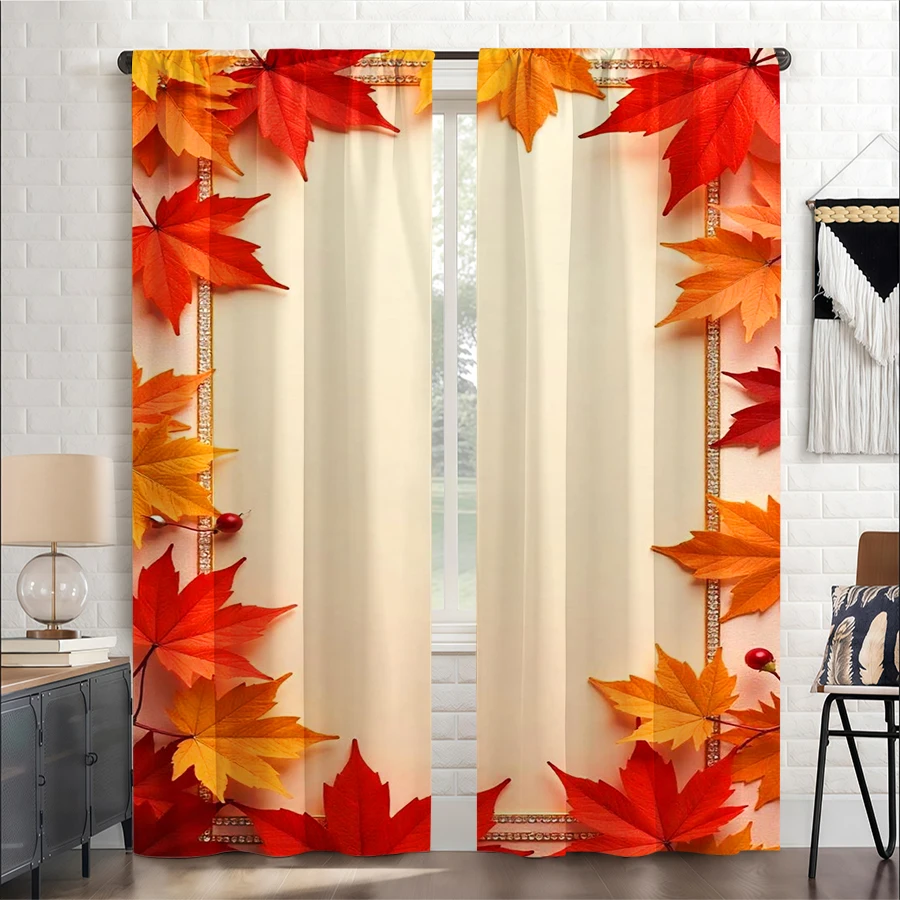 2PCS Digital Print Curtain, Red Maple Leaf Frame Beige Background, Autumn Border Nature Style for Living Room Bedroom Decor