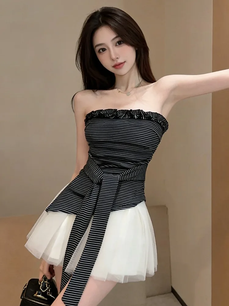 

Summer New Pure Desire Gentle Lace Trim Striped Tie Top Women's Short Irregular One Shoulder Vest Fashion City Walk Linen Blend