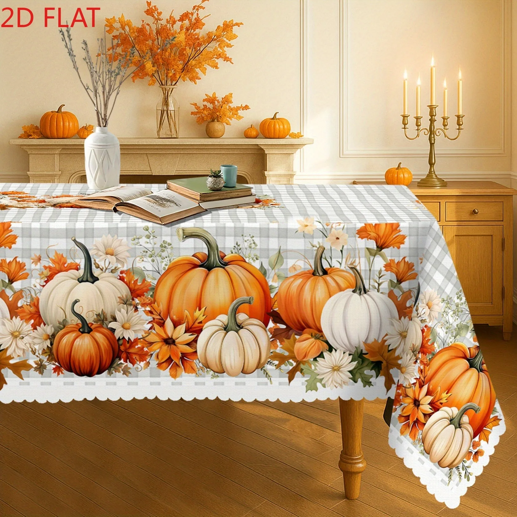 Tablecloth 1 piece 2d flat with a checkered bottom border featuring pumpkin daisies and autumn leaveszyc