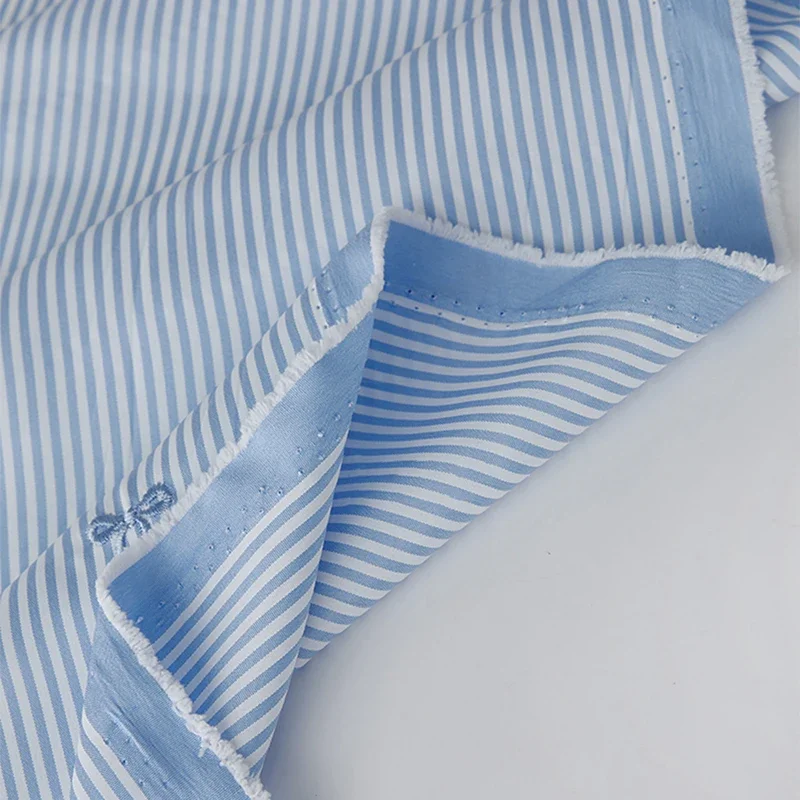 Vestido camisero de tela a rayas con bordado de lazo, ropa para niños, tela de costura artesanal, anillo para el pelo del intestino grueso, tela hecha a mano de 1x1,45 m