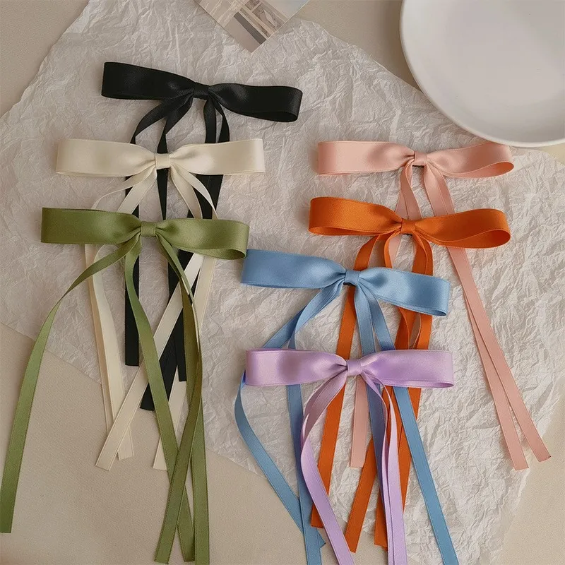 36pc/lot Solid Color Long Tassel Satin Ribbon Bow Hair Clips Women Girls Long Tails Hair Bow Hairpins Long Bow Alligator clips