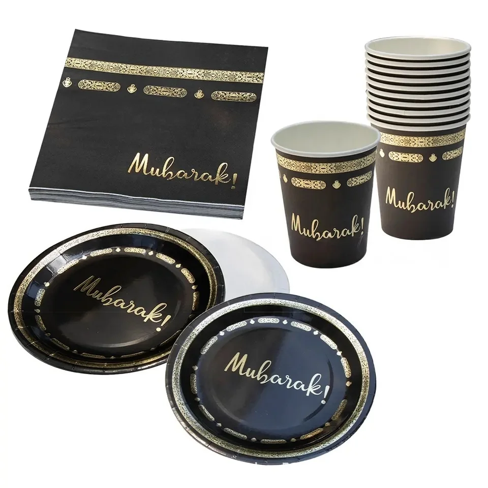 Schwarzgold Umrah Mubarak Pappteller Tassen Servietten Tischdecke Banner Eid Mubarak Islamischer Muslim Festival Party Dekor Zubehör