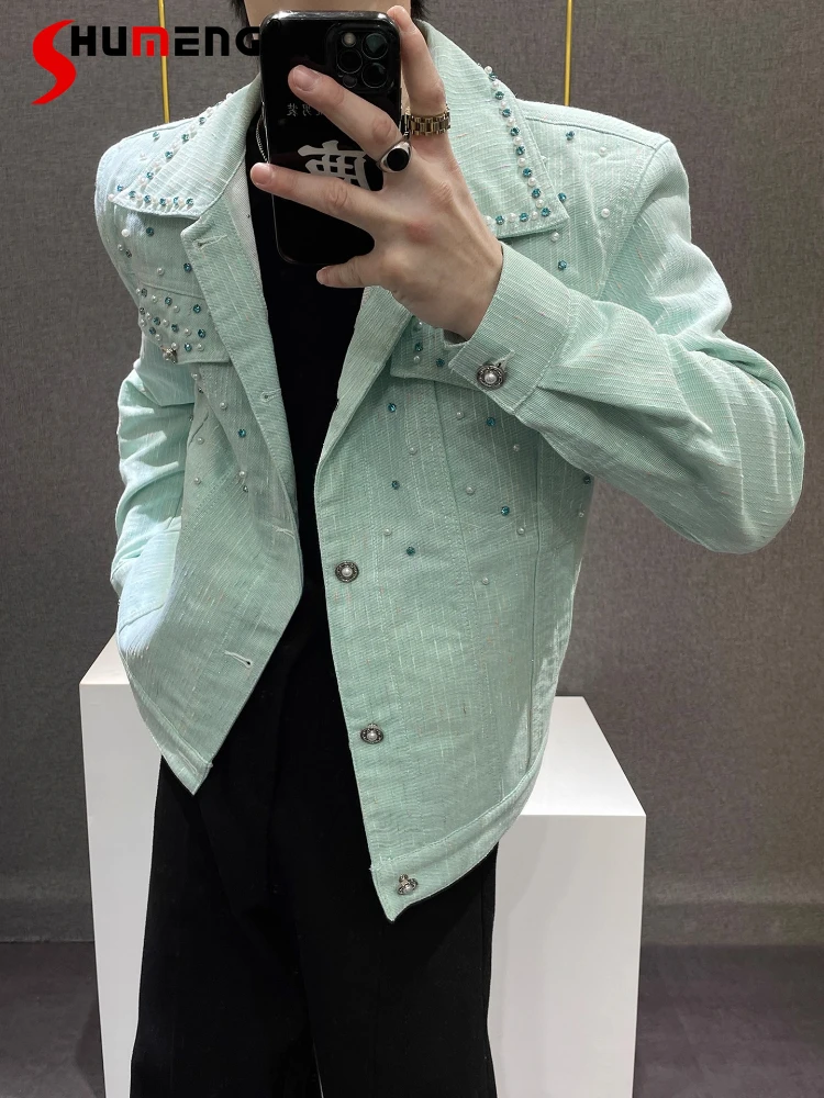 

Men's 2025 Retro Denim Jackets Men's Niche Beaded Decorative Fashion High-end Denim Coats Trendy Male Long Sleeve Denim Jacket