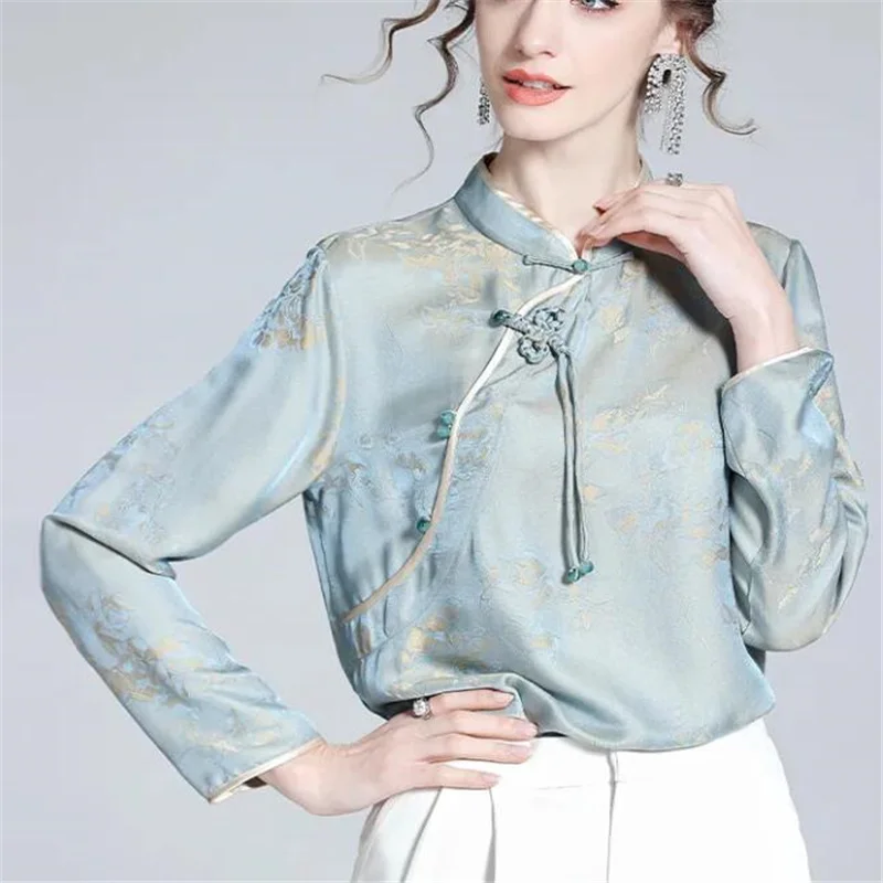 Vintage Top Women Shirt Silk Top For Woman Retro Buckle Blouses Diagonal Placket Top Female Pullover OL Grace Printing Blouse