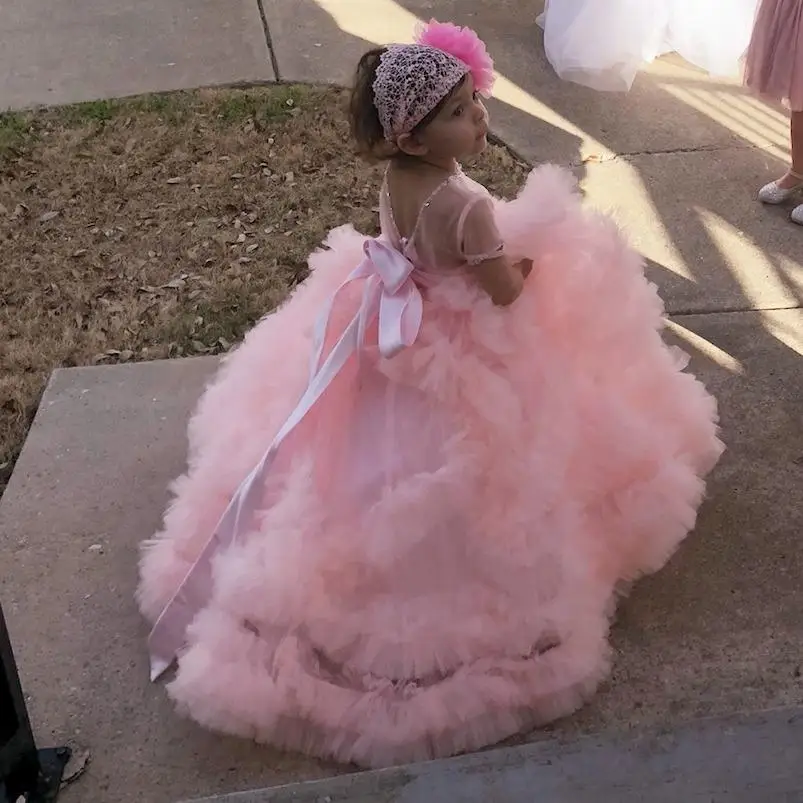 Vestidos de princesa rosa para niños, primera comunión, impresionante escote en V, desfile de lujo, vestidos de baile de tul para niñas de 2 a 12 años