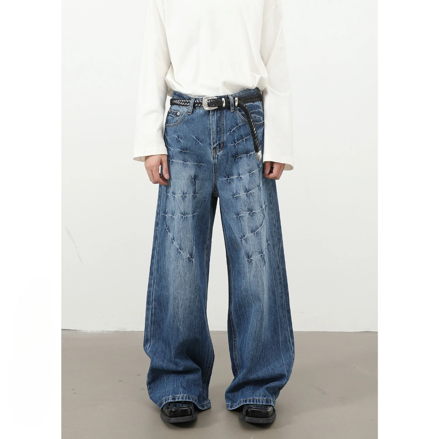 Men's Jeans Washing Contrast Color Mill White All-match Trousers Tide Lightning Pattern Male Denim Pants