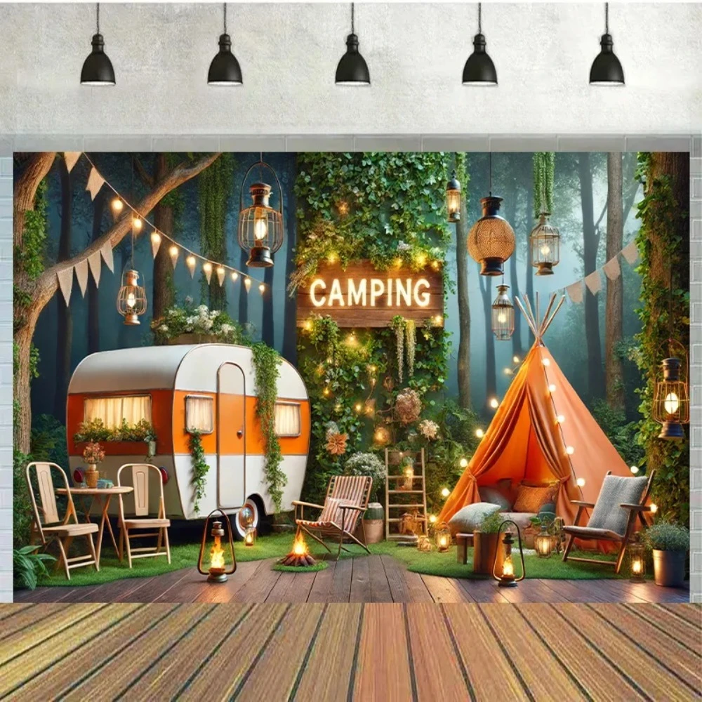 Fotografie-Hintergrundstoff „Happy Camping Forest Adventure Theme“-Banner, Fotografie-Hintergrund für Wald- und Bergwanderdekoration – Detail 2