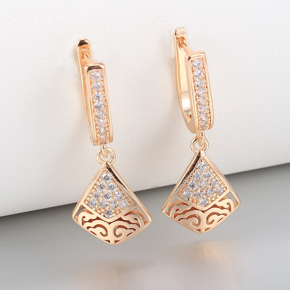 

585 Rose Gold Color Earrings for Women Girls Cut Out Geometric Clear Cubic Zircon Dangle Drop Earrings Wedding Jewelry DGE368