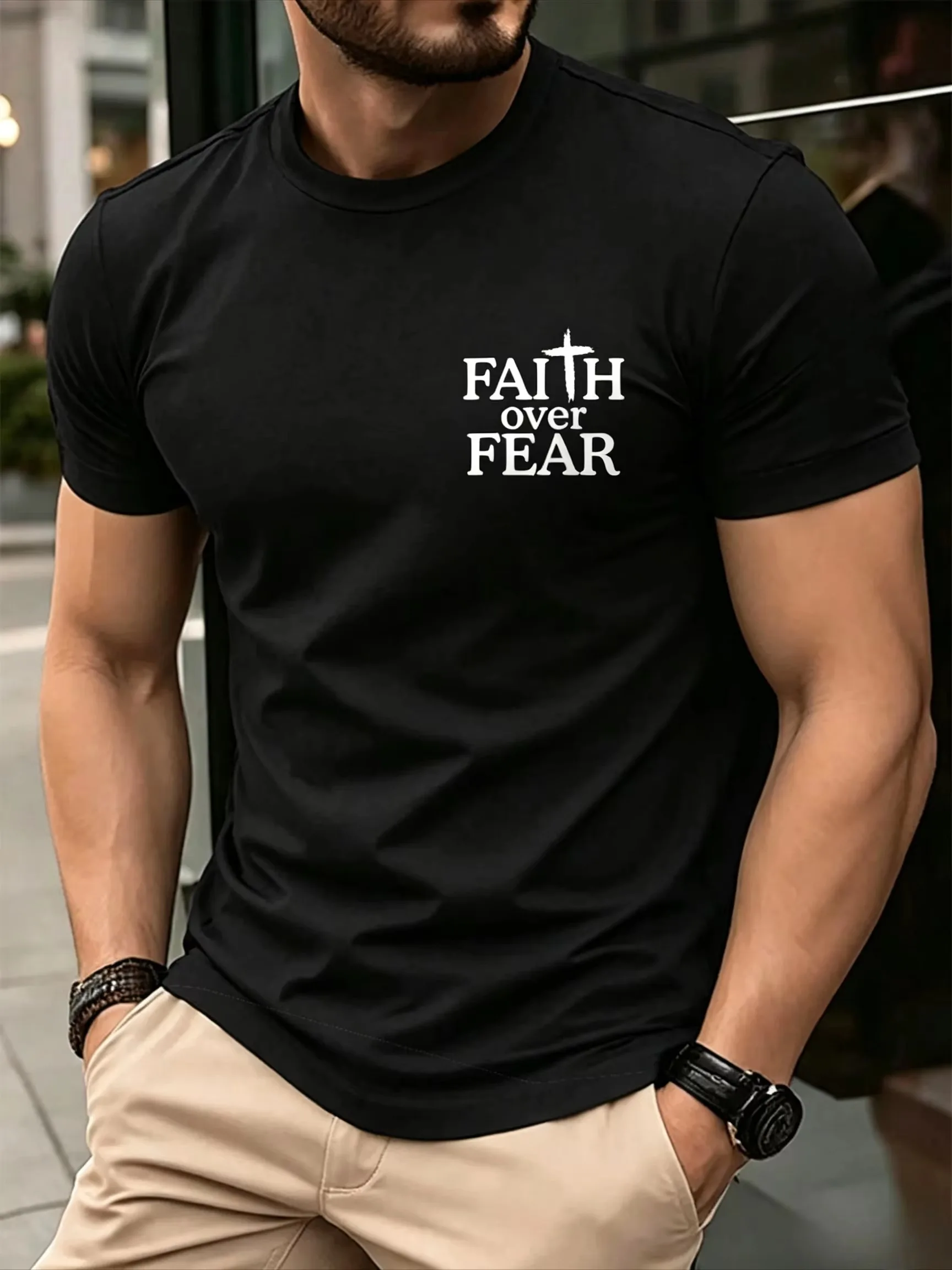 2026 New Inspirational Slogan Design Family Matching Oversized Unisex Streetwear TShirt Faith Over Fear Cross Graphic Cotton Tee