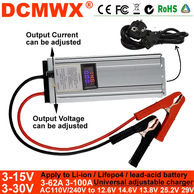 

Lifepo4 Charger 3-15V 3-100A Adjustable 12.6V14.6V13.8V 50A Lithium Polymer Ion Lead Acid Battery Charger with input ac110V-240V
