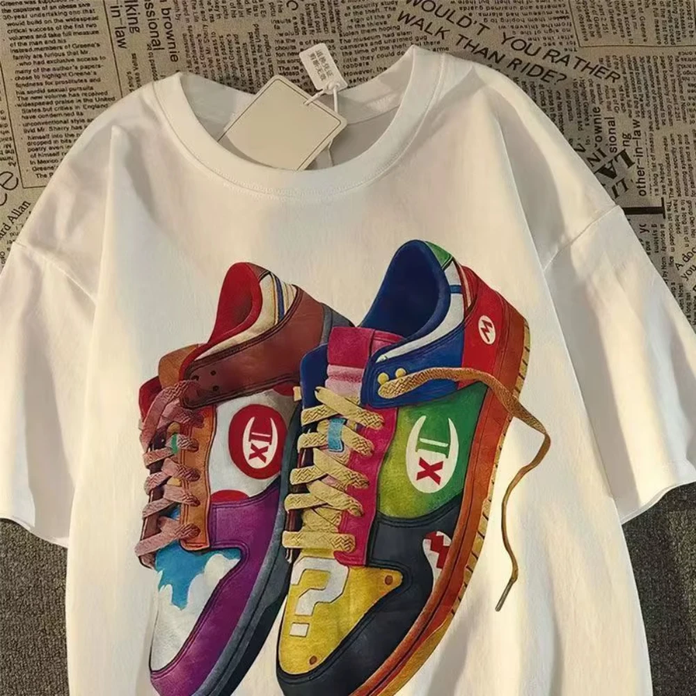 2026 Summer Design Sneaker Printed Retro Short-Sleeved T-Shirt Women's Loose Fit Versatile Trendy Graphic T Shirts Harajuku