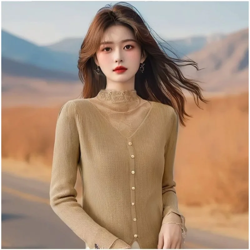 مزاجه نصف الياقة المدورة الدانتيل شبكة الربط سترة بلايز للنساء الخريف الشتاء نمط جديد قاع قميص سترة