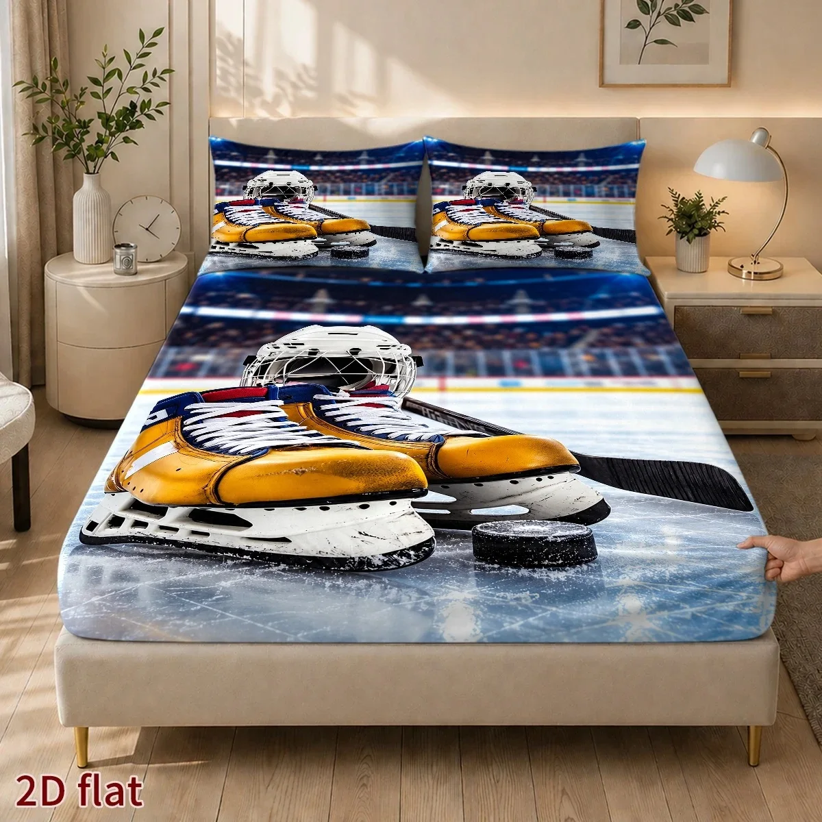 Ice Hockey Themed Bedding Set, Queen Size, Ice Hockey Player Style Quilt, Suitable for Teenage Boys and Girls, Sports Event Theme, down Comforter and Pillowcases, Soft Microfiber Winter Sports Bedroom Decor for Kids and Teens, Three-Piece Set, Zipper Closure